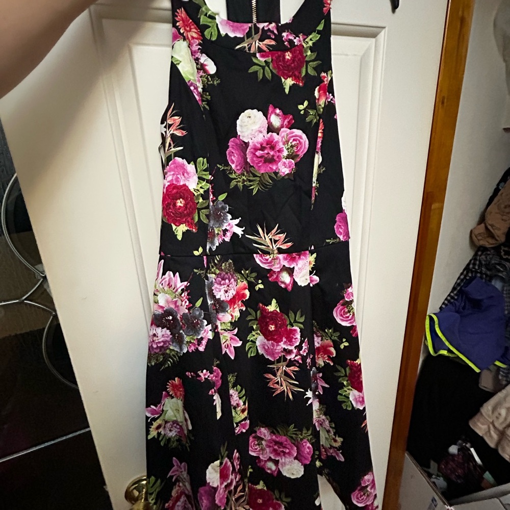 Floral Black & Pink Sleeveless Fit-and-Flare Dress